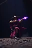 Placeholder: purple magic neon arrow flying, magic swirl, strong winds, true grit, Mexican native stand off fast draw poncho cowboy wizard on knees hurt punching fire ball whip while taking sight wand slinger, in dark cave ,bokeh like f/0.8, tilt-shift lens 8k, high detail, smooth render, down-light, unreal engine