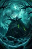 Placeholder: in the style of Fisheye lens. detailed close-up concept art of a Lovecraftian horror, chthon island featuring a decaying a crashed airplane Focus on gnarled trees around rocky cliffs, with the a deep cracks and glowing substance oozing from them. Include hints of nightmarish creatures beneath turbulent waters. The stormy sky casts an eerie and green glow, with shipwreck debris and ancient ruins scattered on the shore to emphasize the sense of dread and abandonment