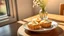 Placeholder: close up three delicates tart cakes filled citrone creme up erdbeer, on a nice ceramic plate on a wooden table. professional food photo, Natural, warm sunlight streams in from a window on the left, casting pleasant shadows and creating a cozy, vase with meadow flowers, relaxed morning atmosphere