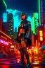 Placeholder: full-body-art of a woman with a bob with a fringe hairstyle, Cleopatra clothing, black knee-high boots, cyberpunk city background