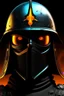 Placeholder: Iranian empire A commander wearing a matte black helmet with flaming eyes with flaming light blue pupils