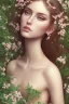 Placeholder: very nice real face beautiful sexy roman with make up standing in garden of Pomegranate and pear trees blossom, The almond trees wither, It's spring and it's summer, spring with green plants covering ground.