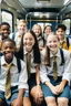 Placeholder: 15 Smiling students wearing school uniforms sitting inside a school bus with clear details of diverse faces