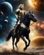 Placeholder: Realistic photography take photoshoot full body from far,front view of a humanoid warrior tiger wearing clothing armor golden ,on riding a black horse , flying in space, on galaxy surrounded by planets