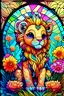 Placeholder: colorful kawaii cute splendid lion cub, perfect flowers, bright deep vibrant color, high detail, 3D vector art, cute and quirky, fantasy art, centered, in frame, stained glass