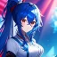 Placeholder: Clear focus, 8k, beautiful lighting, vibrant colors, girl, blue hair, long hair, vibrant red eyes, ponytail, messy hair, hair in between the eyes,