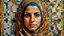 Placeholder: Medium‑shot portrait of an adult Middle Eastern woman, partially hidden within a ceramic‑mosaic background that mirrors the colors of her clothing. Tempera painting style inspired by Islamic decorative arts.