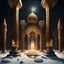 Placeholder: Hyper Realistic Big golden Crystallised rocks on snow Inside a Dark Abandoned Mosque with beautifully crafted pillars at dark night