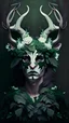 Placeholder: beautiful human with big horns made from ivy and white flowers, front facing dark smooth colors, forest green background,