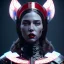 Placeholder: Us woman, rounded face, blood, black, red, blue, silver, samurai helmet, decorative color feathers, retro, bamboo, leather, soft color, highly detailed, art stations, concept art, smooth, unreal engine 5, god rays, ray tracing, RTX, lumen lighting, ultra detail, volumetric lighting, 3d, finely drawn, high definition, high resolution.