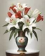 Placeholder: A painting of beautiful white lilies bouquet in a vase, Van Gogh Style, full frame, facing frontal, with very detailed red machine components, cream background, cream colour background, bright background landscape, ornate, intricate, complex, highly detailed, digital painting, smooth, art by tom bagshaw, akihiko yoshida, highly detailed, realistic, Van Gogh