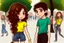 Placeholder: a cute chibi spanish man with short curly brown hair cropped at the back in yellow T-shirt and jeans with a cute chibi contented girl with long brown hair and brown eyes in a red elegant jumpsuit and red high heels, and a chibi girl with blonde brown hair in a beige dress dancing dynamically in Madrid in the Retino park, in the moonlight, ethereal, cinematic postprocessing, airplane in the sky