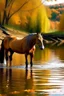 Placeholder: a horse drinking from the river in autumn