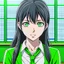 Placeholder: Anime-realisim drawing a of a female mean teacher with medium length black hair and blue eyes in a school background behind a green chalkboard with a black or gray outfit