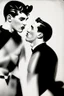Placeholder: black and white photo of two men kissing, pop art background 1950s