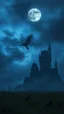 Placeholder: A moon in the blued blurry dark sky background and out of this world galaxy in a blue and gray cloud of stormy weather a many large amount hooded dark shadows ultra hi quality picture with cinematic science, tragedy, a small black birds big field of grass near front .A creepy old black big castle in the background