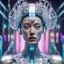 Placeholder: Organic, cyborg Ai queen with neuralink headgear, on an inter dimensional catwalk, half perfect human face, clear acrylic plastic film, full body shot, catwalk fashion show, iridescent, surreal, Salvador Dali meets pixels,waterhead, dj style, neon white with sparkles