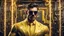 Placeholder: Hyper Realistic handsome muscular Electric-Superhero wearing long-fancy-yellow-tuxedo & fancy-sunglasses in a dark-rustic-circuit-room with electric-sparks & a massive circuit-board-wall