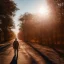 Placeholder: view of long road , man walking with blood hand , sun is blury