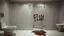 Placeholder: a nice restaurant men's room with marble floors and walls, a row of clean white bathroom stall doors, but one of the stall doors is dystopian, dented, grey, and hanging loose on one hinge with spraypaint graffiti text "FLUX" and puddle of dirty water leaking below the door, concept art, hyperreal