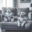 Placeholder: Funny image of a big robot sitting on a sofa, holding a real-life fluffy puppy