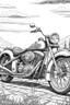 Placeholder: A vintage motorcycle coloring page in black and white, featuring a classic Harley Davidson, intricate line art showcasing every detail of the bike from its handlebars to exhaust pipes, set against a backdrop of an open road disappearing into the horizon, evoking a sense of freedom and adventure, Artwork, ink drawing on paper