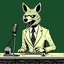 Placeholder: Hyena in a suit and tie, as an announcer sitting at the transmission table with a microphone presenting a newscast. Sandro Botticelli cómic style. Ultra quality