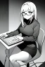 Placeholder: girl with glasses works on a laptop sitting in a cafe, line arts, greyscale