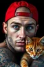 Placeholder: A hyper-realistic digital portrait of a tattooed young man with piercing blue eyes, wearing a red snapback cap backward, multiple piercings, and detailed facial tattoos. He stares directly into the camera while holding an orange tabby cat with striking golden eyes. The background is pitch-black, drawing focus to the sharp details of the man’s textured skin, tattoos, and jewelry, as well as the cat’s fur and whiskers. Expertly diffused lighting enhances depth, contrast, and realism.