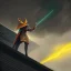 Placeholder: Close up, Rooftop view, Enourmous Paladin casting a hologram shield spell, covering a Home, encroaching storm, ominous color palette, 2k resolution, high-quality, detailed matte, volumetric lighting, illustration, Dave Greco