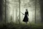 Placeholder: full-height shot of a young witch in a tight black skirt, in a wood, with mist