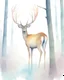 Placeholder: deer with antlers standing sideways, looking at viewer, realistic water color painted, among tall simplified tree trunks, foggy, pastels, colorful