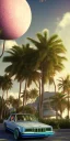 Placeholder: 1980's aesthetic vaporwave palm trees with spheres and car