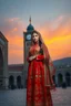 Placeholder: "A hyper-detailed digital painting of a young woman in traditional Azerbaijani folk costume standing in Tabriz Saat Square. She wears a floor-length crimson, gold, and sapphire embroidered dress with intricate embroidery, a translucent patterned ropush (scarf) draped over her head revealing braided hair with silver guppu (coins). The composition follows the rule of thirds, with the 19th-century clock tower framing her silhouette against a gradient sunset sky of tangerine and lavender. Ultra-deta