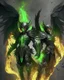 Placeholder: demonio de armadura negra y verde y alas de ángel negras volando en llamas