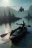 Placeholder: cyborg on a rowboat, sci-fi fantasy style, 8k,dark