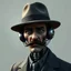 Placeholder: Fernando Pessoa realista cyborg com chapeu e bigode