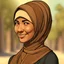 Placeholder: a portrait of smiling moslem woman. 45 years old. indonesian. cartoonize carricature. thin face. small body. wearing black headscarf. warm undertone brown face skin. black eye pupils. oblong face shape. formal blazer dress. pixar style. 3D. 4k. portrait. highly detailed. sharp focus. high resolution. full color. cinema lighting