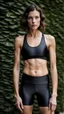 Placeholder: photography of a beautiful anorexic woman, anthracite satin triathlon top, sports illustrated, brunette short wavy bob haircut, pronounced sternum, flat chest, anthracite short leggins