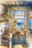 Placeholder: The kitchen of a Greek house, with a view of the sea through the window by Jean-Baptiste Monge, watercolor and ink, intricate details, fantasy, beautiful, award winning, colorful, fantastic view, crisp quality in sunshine