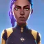 Placeholder: sci-fi, arcane animation series style, league of legends, Solo, 1girl, attractive female with freckles, african, dark skin, golden eyes, dark hair, braided dreadlocks, earrings, makeup, (detailed skin texture), white and indigo-blue suit