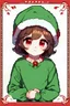 Placeholder: Pixel Art style and anime style, Child girl, short brown hair, has red eyes, He has pink dots on his cheeks, wears a green shirt horizontally striped with yellow, He's in a snow-covered place, he's wearing a standard red Christmas hat,