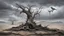 Placeholder: in the foreground of the picture, a sad bird with human face siting on a dry tree in a surreal, dead landscape, cracked earth, died vegetation, spiky tendrils, gray sky, intricate details, dark colors, detalied, dark fantasy, dramatic surreal style