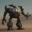 Placeholder: mecha with tracks for a tank. His body is armor and his hands are machine guns. The robot head has glass and the driver is an animal