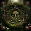 Placeholder: realistic image like a photo of natural mandala , higher resolution forest, muschrooms, roots, trees, ferns, bird
