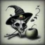 Placeholder: Realistic drawing of a Skull with a Witch hat, Skull has ghost eyes and is eating from a poison apple. Rat walks behind the skull.