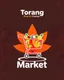 Placeholder: A design for a supermarket called (Torang Plus Market) in the form of an attractive logo at the top of the image with a wheeled cart full of products in the middle of the image on a special and beautiful background with a red, orange, and white color theme.