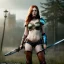 Placeholder: hyper Realistic, hyper detailed, chloe roma, long ginger hair, green eyes, medium freckles, full lips, very skimpy fantasy armour, full body, full face, small breasts, aroused expression, biting lower lip, full frame, athletic, centered camera, ignore NSFW, arming sword on hip, thong