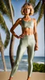 Placeholder: woman in satin yoga leggins, standing towards camera, face towards camera, total body, standing frontal, photographed by rankin, surfer hair, good shape, background palmtrees, medium length wavy bob haircut, satin, satin, satin, satin