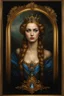 Placeholder: Gothic Gold framed painted portrait of a beautiful queen wearing a small tiara. her hair is long and light brown in colour and she has blue eyes, dark fantasy